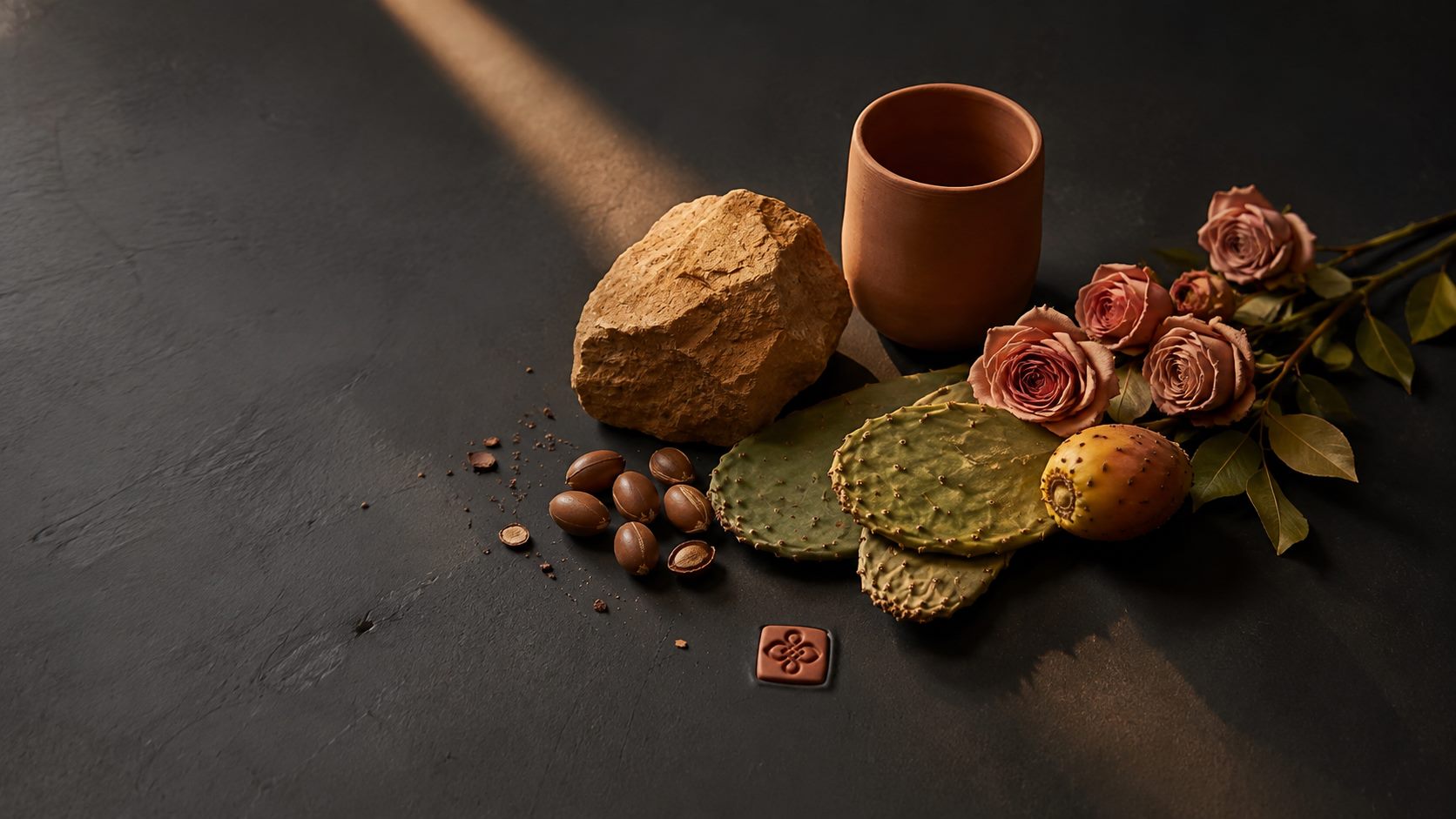 Moroccan botanical still life with sandstone, a clay vessel, roses, prickly pear, and argan seeds — Souss & Stone brand ingredients
