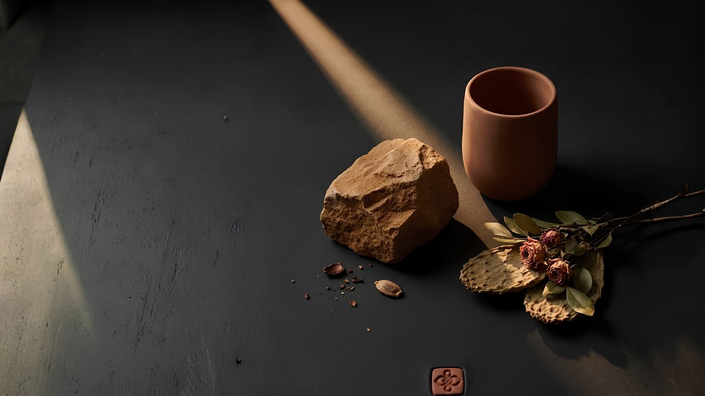 Moroccan still life with stone, clay vessel, dried roses, and prickly pear — Souss & Stone brand mood